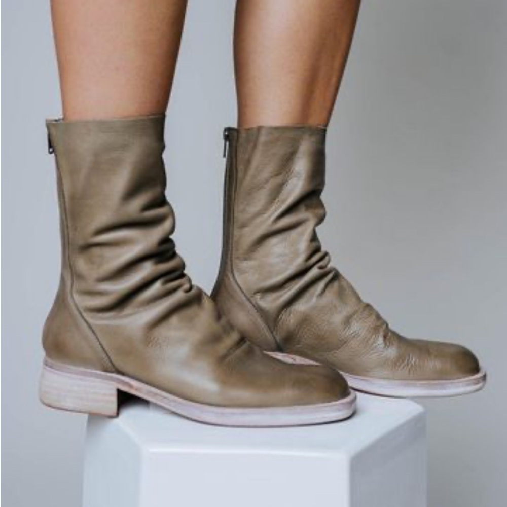 Women's Taupe Leather Mid-Calf Boots